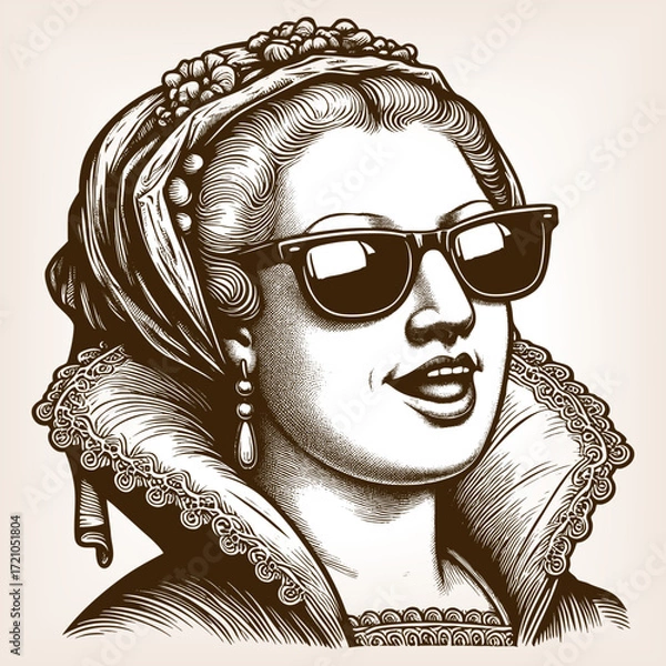 Fototapeta Renaissance noblewoman, humorously modernized with dark sunglasses for a quirky, playful effect sketch engraving generative ai fictional character vector illustration. Scratch board. Black and white.