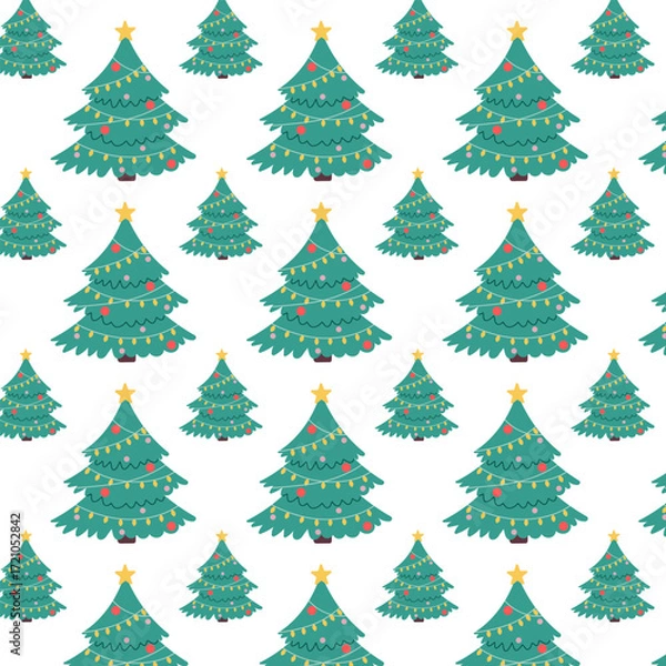 Fototapeta Christmas Tree Seamless Pattern with Lights and Ornaments. Vector Illustrations