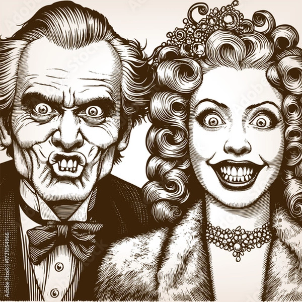 Fototapeta older man in tuxedo and a glamorous woman in tiara and fur, both showing exaggerated eerie grins sketch engraving generative ai fictional character vector illustration. Scratch board. Black and white.