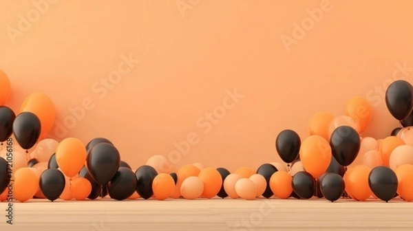 Fototapeta Vibrant Array of Orange and Black Balloons on a Soft Orange Background for Celebratory Moments
