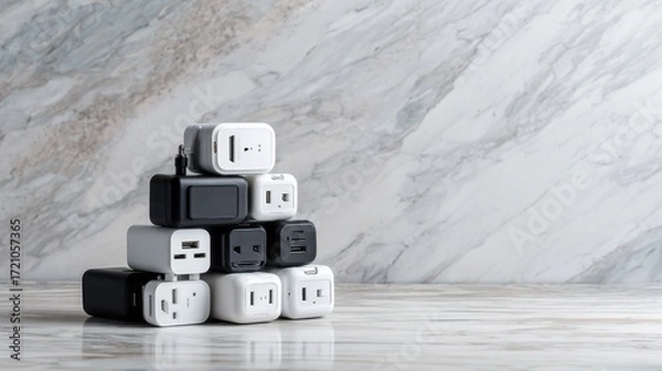 Fototapeta Collection of Modern Electrical Adapters and Chargers Stacked on Marble Background for Home Office or Travel Use