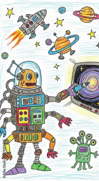 Fototapeta Colorful robot with expressive face points at swirling galaxy on screen, surrounded by planets, stars, rocket, and friendly green alien in playful outer space scene
