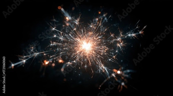 Fototapeta Bright Sparkler Igniting Night Sky with Dazzling Fireworks Effect Isolated on Black Background for Celebratory Events