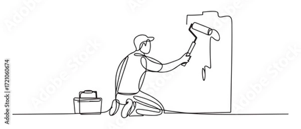 Fototapeta Continuous one line drawing of worker painting with roller brush. one line Icon drawing with white background