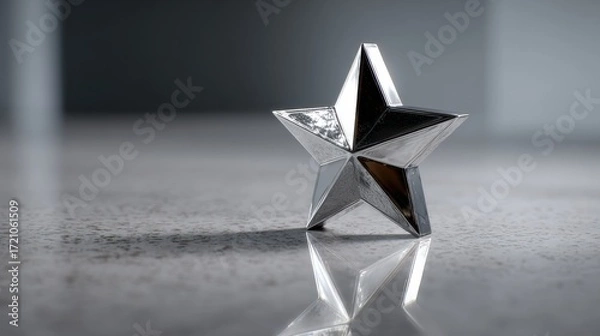 Fototapeta Polished Metal Star Decoration with Glossy Finish and Reflection on a Smooth Surface in Contemporary Setting