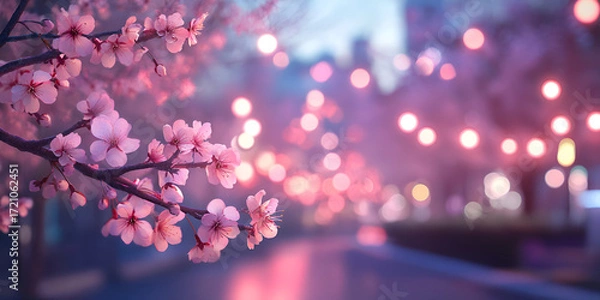 Obraz Magical Cherry Blossom Trees with Sparkling Light in Spring
