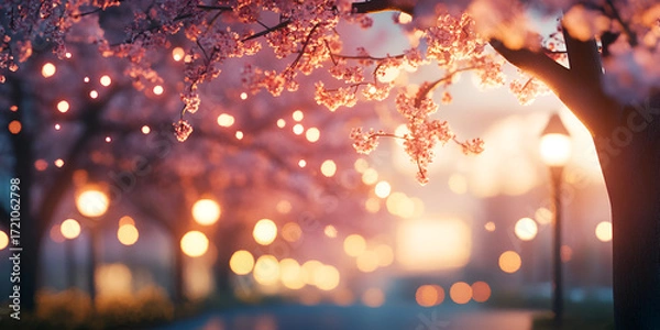 Obraz Magical Cherry Blossom Trees with Sparkling Light in Spring
