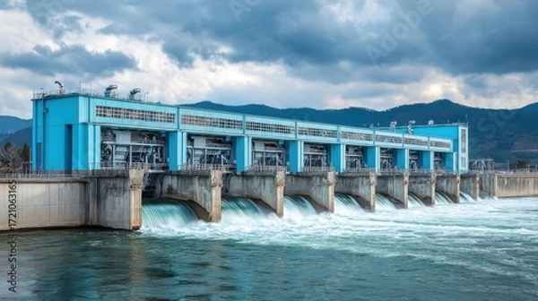 Fototapeta Modern hydroelectric power station with turbines and water flow near mountains under dramatic cloudy sky