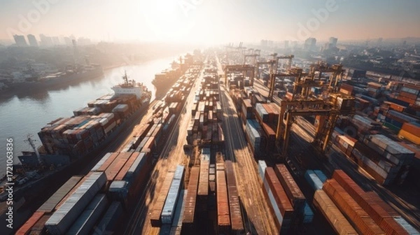 Fototapeta Aerial View of Industrial Port with Cargo Ships and Containers at Sunset Overlooking River in Urban Environment