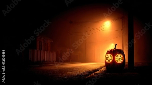 Fototapeta Spooky Pumpkin Lantern on Empty Street with Fog and Streetlight Glow for Halloween Night Atmosphere