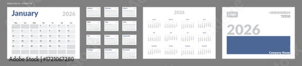 Fototapeta 2026 Calendar Planner Set of Template grid Monthly Page, Cover with Place for Photo, Company Logo, Annual. Vector layout of wall or desk organizer calendar with week start Monday ready print. Pages A4