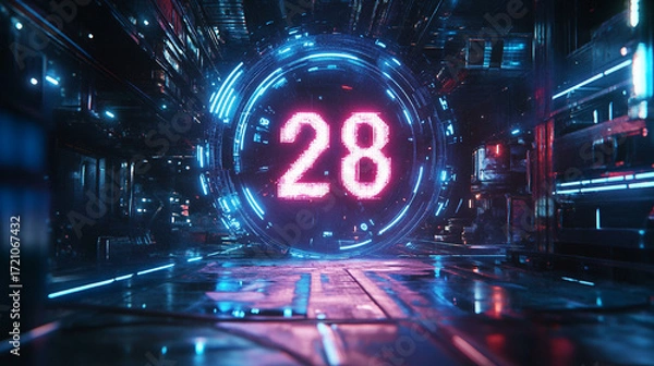 Fototapeta Cyberpunk Countdown Futuristic Number 28 Display