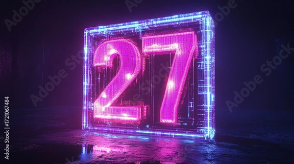 Fototapeta Cyberpunk 27 Display Futuristic Neon Number on Dark Background
