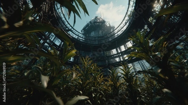 Fototapeta Surreal Industrial Structure Surrounded by Lush Cornfield under Bright Sky and Fluffy Clouds