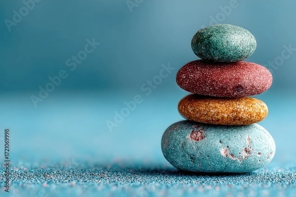 Fototapeta Colorful Stacked Pebbles on a Smooth Surface with Vibrant Blue Background for Relaxation and Mindfulness Themes