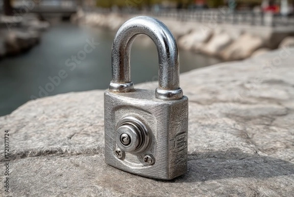 Fototapeta Silver padlock on a stone surface with blurred background of water and landscape, symbolizing security and protection in nature