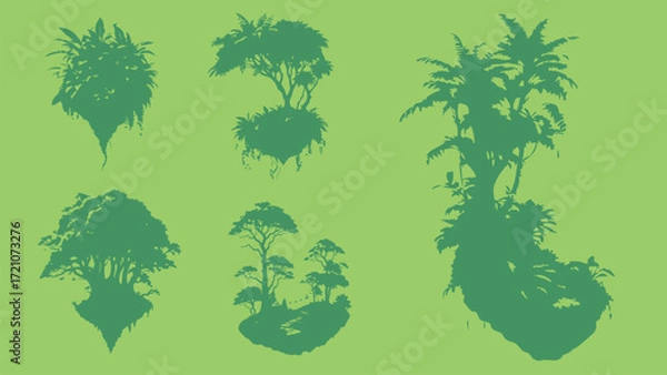 Fototapeta Floating Islands with Trees Silhouette - Green composition