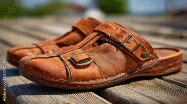 Fototapeta Rustic Leather Slide Sandals on Wooden Surface with Blurred Background