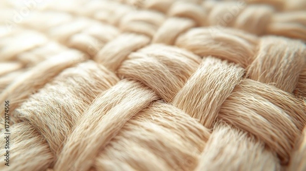 Fototapeta Close-up of beige, soft wool fibers intertwined to create a mesh-like structure on the fabric.