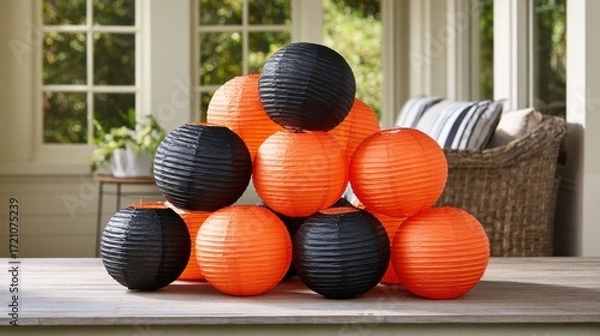 Fototapeta Colorful Paper Lanterns in Black and Orange Arranged on a Table with a Cozy Background for Festive Decor