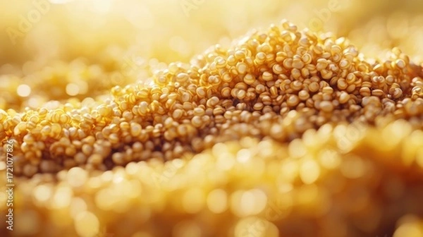 Fototapeta Plump quinoa seeds are spread evenly across the image, their tiny grains forming a tight, consistent surface. The earthy tones blend smoothly, offering a subtly intricate and uniform texture.