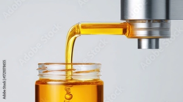 Fototapeta A single glass jar is being filled with golden liquid honey from an automated dispenser. White background, clean and simple composition. 