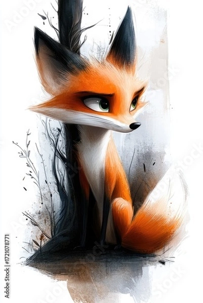 Fototapeta Sly fox with a bushy tail in a crouch beside a tree with gnarled roots within the shadowy forest. For children's books, cards, and crafts.