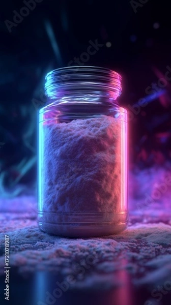 Fototapeta Creatine jar with abstract neon background, dynamic vertical composition