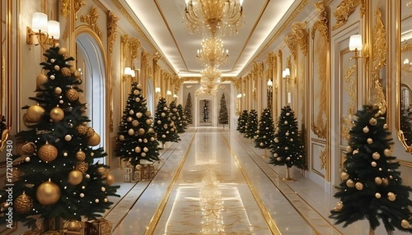 Fototapeta Elegant christmas hallway with festive trees opulent venue interior design winter wonderland captivating perspective