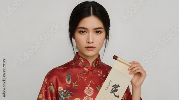 Fototapeta Young Asian woman with delicate facial features and smooth skin, wearing intricately designed traditional cheongsam attire, adorned with vibrant silk patterns and subtle embroidery, holding a delicate