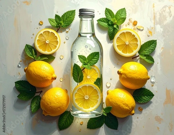 Obraz Citrus and mint beverage, flat lay