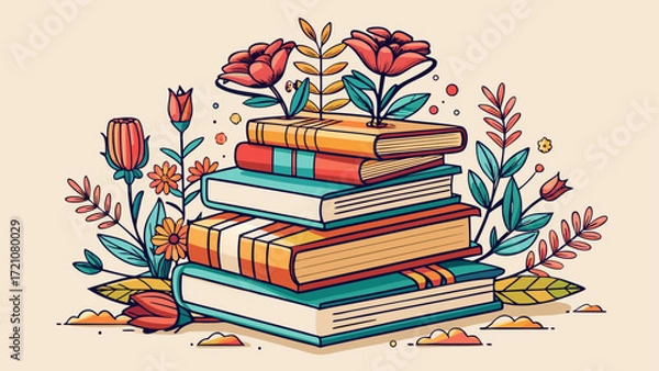 Fototapeta Stack of books with flowers line art illustration, delicate minimalist drawing, merging nature and literature, evoking learning, beauty, and inspiration, perfect decorative element for stationery, 