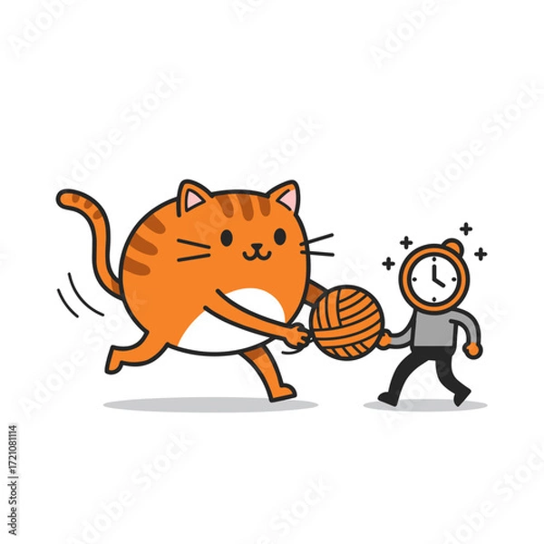Fototapeta Cartoon Cat Running with Yarn and Clock