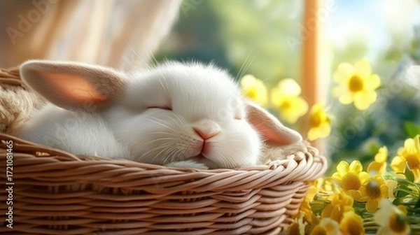 Fototapeta In a cozy wicker basket, a fluffy rabbit with soft white fur rests. A warm, comforting atmosphere reflecting childhood experiences.