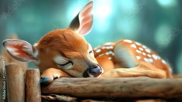 Fototapeta Gentle fawn with soft fur in a simple wooden crib under dappled sunlight. A warm, inviting ambiance recalling childhood.