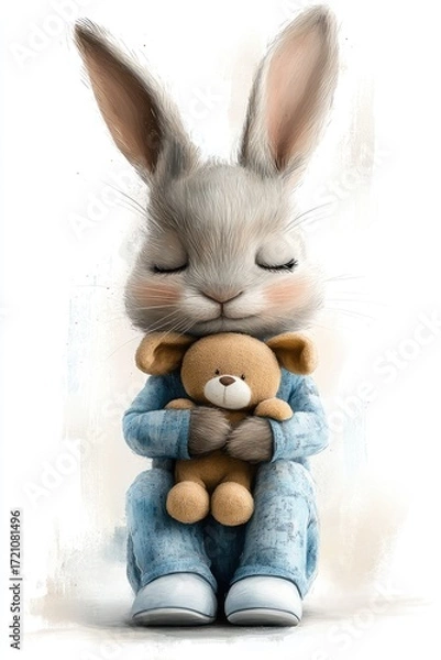 Fototapeta Bunny in comfy blue pajamas and fluffy slippers, cuddling a favorite stuffed animal. An adorable cartoon rabbit brings a smile and warmth.
