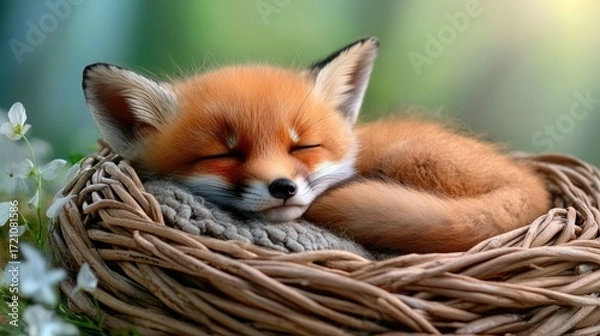 Fototapeta Wicker cradle with a sleeping baby fox having a bushy tail. Warm evening light in a soft background, reflecting a serene and cozy childhood vibe.