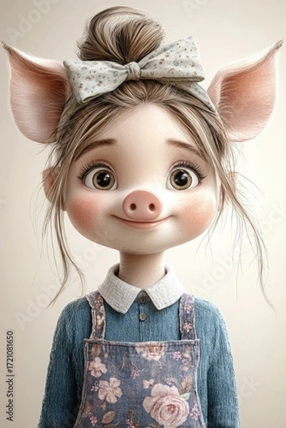 Fototapeta A cute animated character with a pig nose, blonde hair tied up with a bow, wearing overalls with flower pattern. For kids' stories, greeting cards.