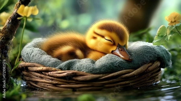 Fototapeta Soft, lined basket with a sleepy duckling of yellow down resting comfortably. A warm, serene setting that brings back childhood memories.
