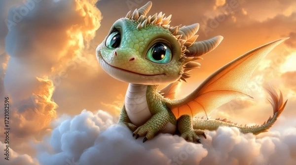 Fototapeta Smiling green dragon perched on a fluffy cloud in a golden sky. Fantasy character from a fairy tale cartoon.