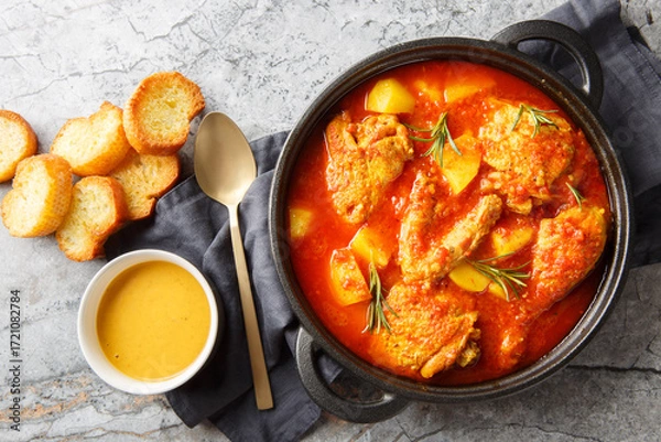Obraz Chicken Bouillabaisse is comforting stew featuring tender chicken pieces simmered in a saffron-tomato broth infused with garlic, fennel, and white wine closeup. Horizontal top view from above