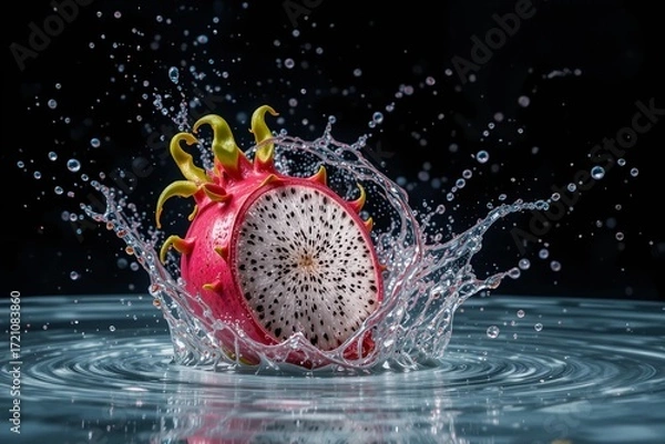 Obraz Fresh Dragonfruit Splashing into Water on Dark Background
