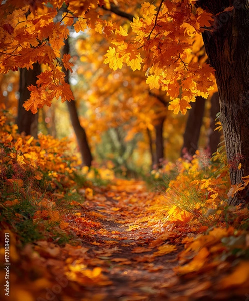 Fototapeta Autumnal forest path with vibrant coloured foliage on trees and on the ground 