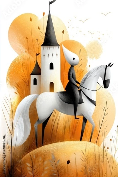 Fototapeta Knight in gleaming armor on horseback in front of a castle surrounded by a grassy field. Timeless tales, medieval sagas.