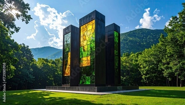 Obraz Modern stained glass pillars in a park setting
