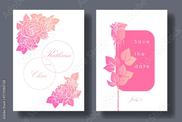 Fototapeta Wedding invitation or greeting card with roses on white background. Roses corner frame, gradient colors. Vector vertical floral template for greeting design and print.