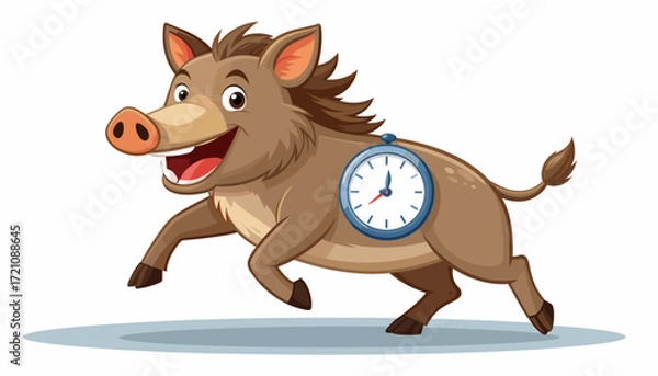 Fototapeta Funny Wild Boar Running with Clock Illustration