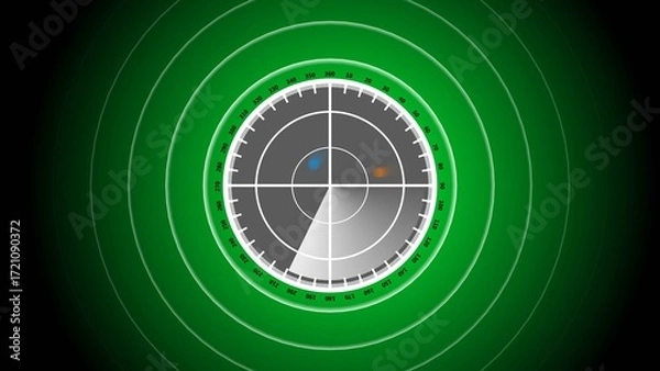 Fototapeta Digital radar screen interface with a green circular scanner, glowing grid lines, and moving signal blips on a dark blue background. The radar emits concentric waves and a rotating sweep effect.