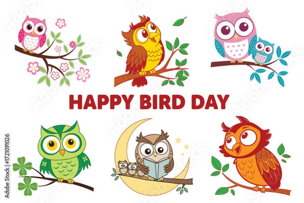 Fototapeta Various colorful cartoon owls perched on branches, enjoying different activities in a charming composition