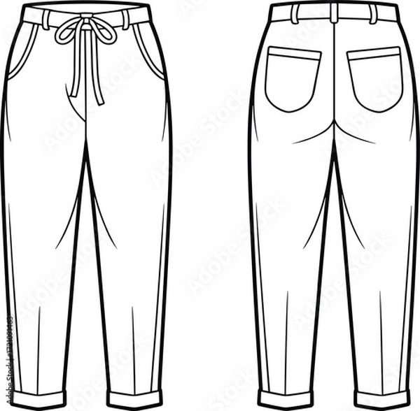 Fototapeta Casual pants flat sketch with waistband and drawstring, front and back view vector fashion template for apparel design and clothing illustration